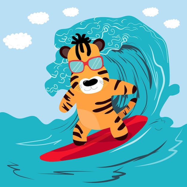 Diseño de póster de verano con carácter de tigre surfero.