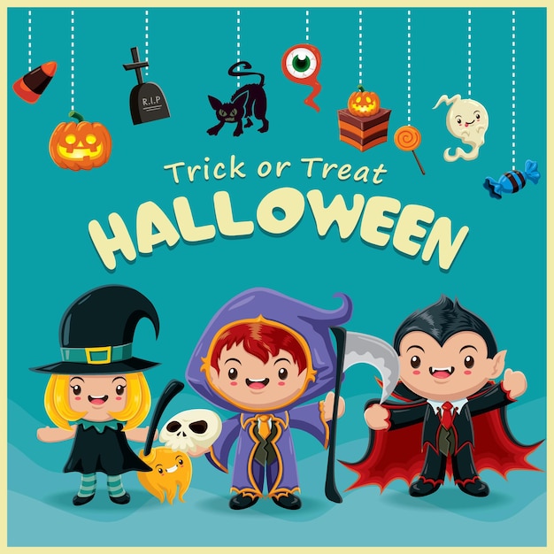 Diseño de póster vintage de Halloween con calabaza bruja globo ocular cupcake vampiro segador personaje