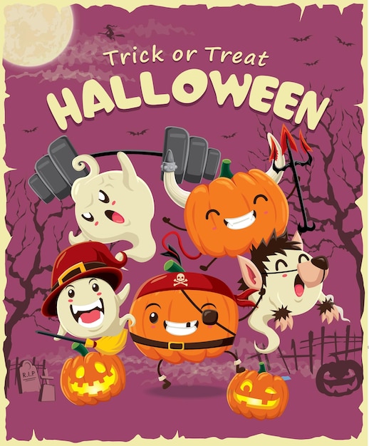 Vector diseño de póster vintage de halloween con personaje de pirata de hombre lobo bruja calabaza