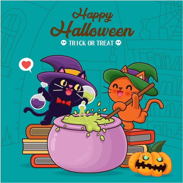 Diseño de póster vintage de halloween con personaje vectorial de gato y jack o linterna