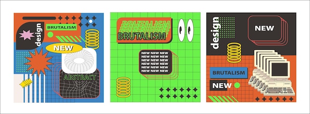 Diseño de póster Y2K con resumen de marcos de alambre vectorial formas geométricas 3D conjunto vectorial de retro 2000