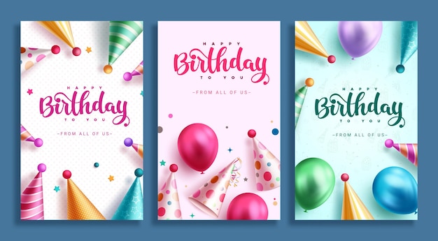 Diseño de posters vectoriales de tarjetas de invitación de cumpleaños con texto de felicitación de cumpleños con patrón de fiesta