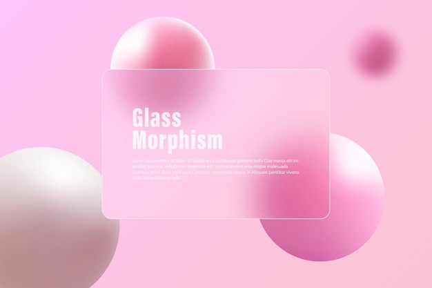 Diseño de presentación de morfismo de vidrio creativo con marco transparente y esferas flotantes de colores