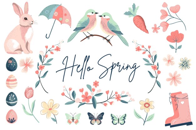 Diseño de primavera de moda Colección de primavera Elementos de primavera dibujados a mano flores ilustración de conejo de pájaro