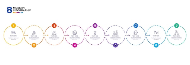 Diseño de proceso infográfico con iconos y 8 opciones o pasos