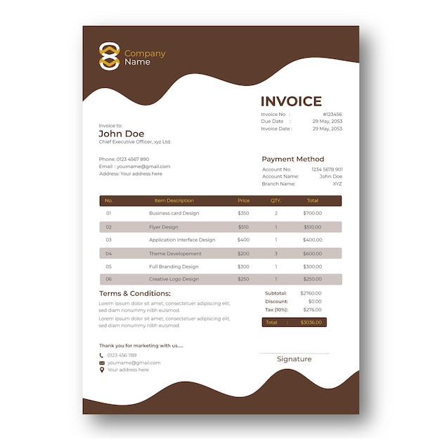 Diseño profesional de facturas comerciales corporativas