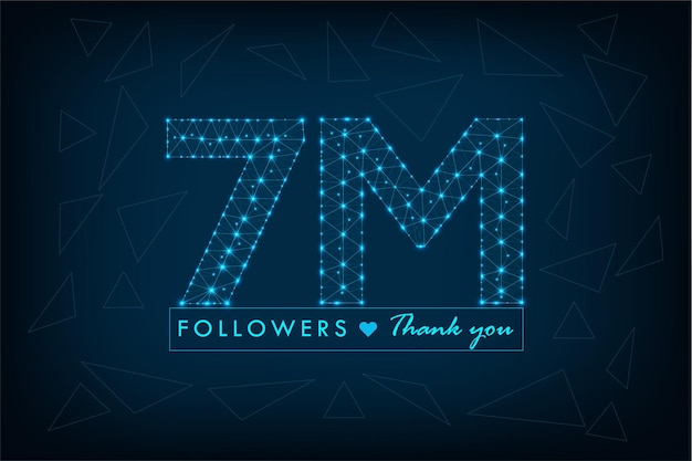 Diseño de publicación de estructura alámbrica poligonal de 7 millones de seguidores en redes sociales con fondo azul abstracto de baja poli