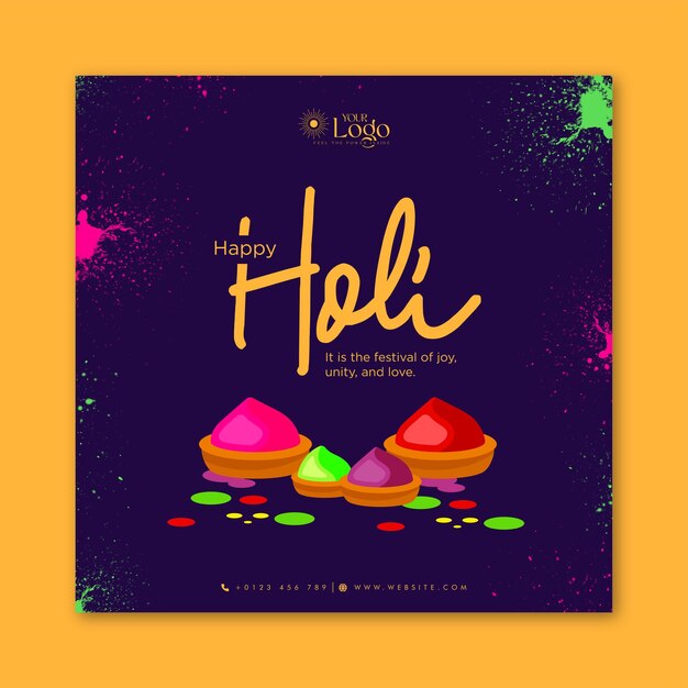 Vector diseño de publicación de instagram del festival indio holi, cartel happy holi