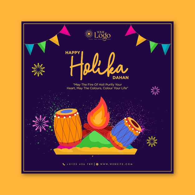 Vector diseño de publicación de instagram del festival indio holika dahan, cartel happy holika dahan