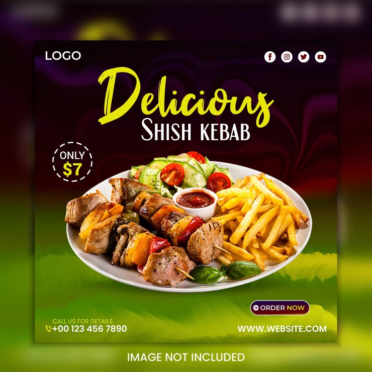 Diseño de publicación de menú de comida de shish kebab en redes sociales o plantilla de diseño de banner web de instagram
