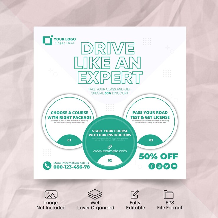 Diseño de publicación de redes sociales de autoescuela plana