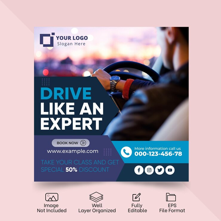 Diseño de publicación de redes sociales de autoescuela plana