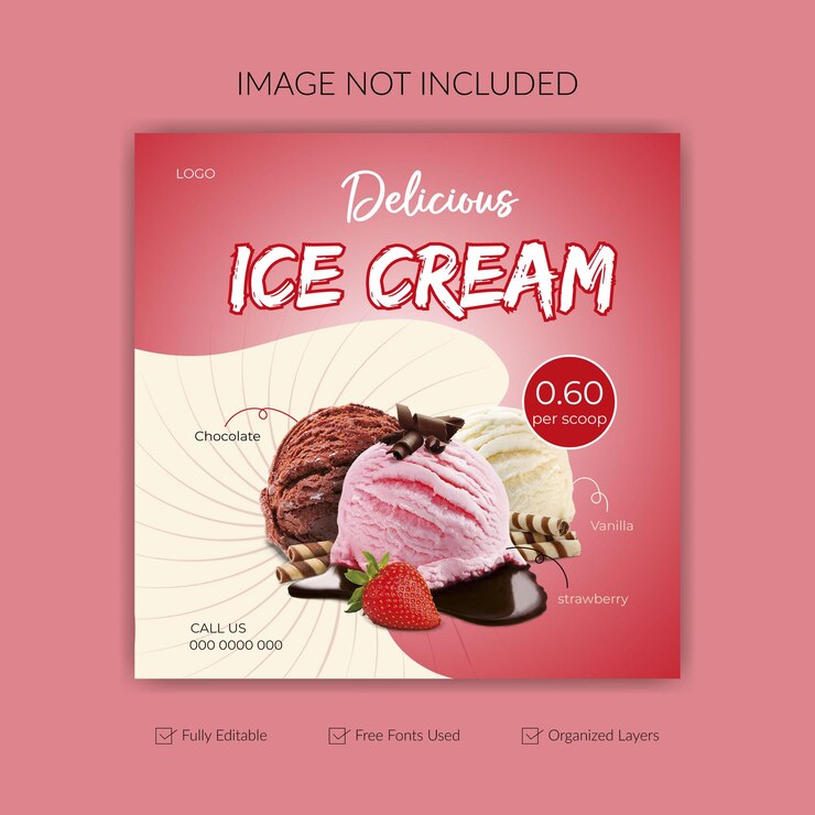 Diseño de publicación en redes sociales de delicioso helado