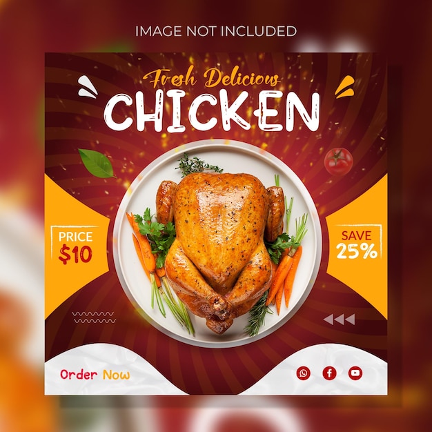Diseño de publicación en redes sociales del menú de comida de pollo Fresh Delicious o plantilla promocional de historia de Instagram