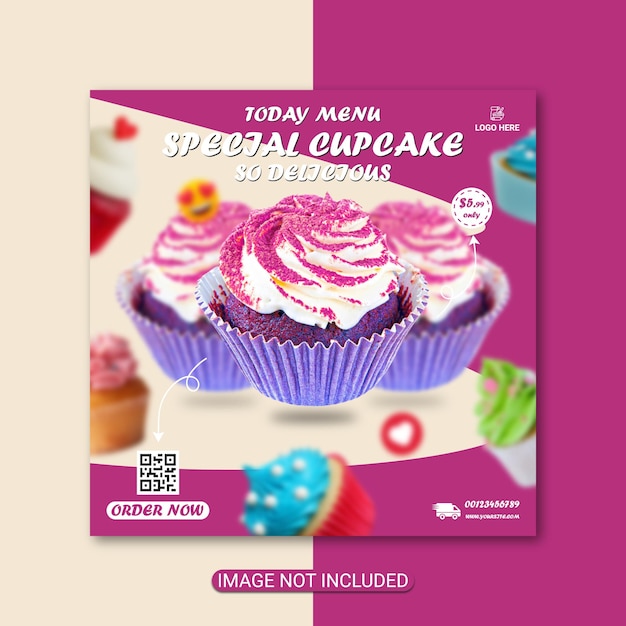 Diseño de publicación en redes sociales o diseño de volante de promoción de cupcakes vector premium