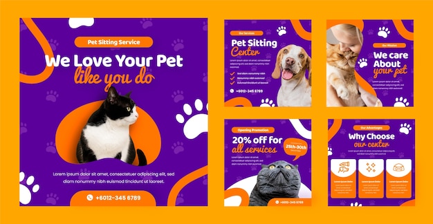Vector diseño de publicaciones de instagram para cuidado de mascotas