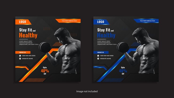 Diseño de publicaciones de redes sociales de gimnasio y fitness con formas creativas.