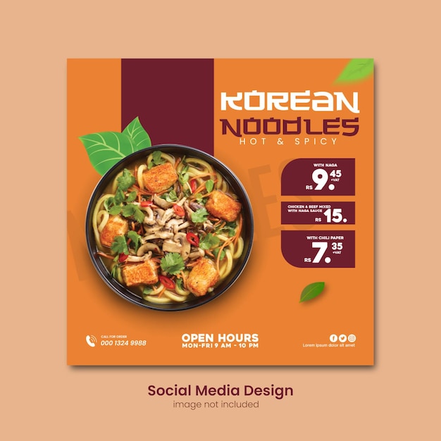 Diseño de publicaciones sociales de fideos coreanos