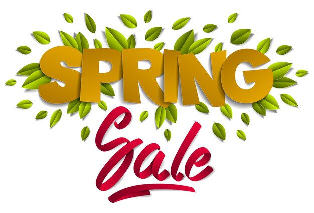 Diseño de publicidad de banner de venta de primavera, corte de papel y palabras de cinta con hojas verdes frescas vector ilustración 3d de corte de papel de dibujos animados de estilo moderno.