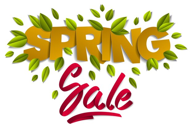 Diseño de publicidad de banner de venta de primavera, corte de papel y palabras de cinta con hojas verdes frescas vector ilustración 3d de corte de papel de dibujos animados de estilo moderno.