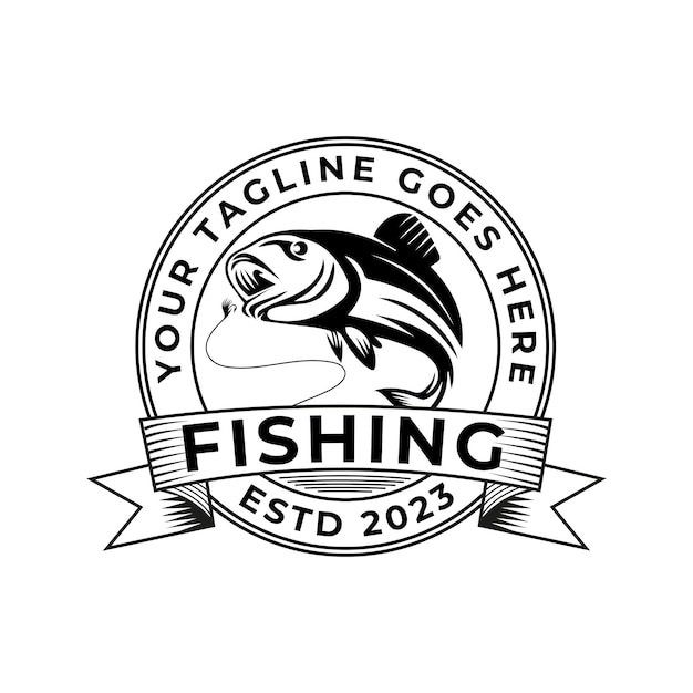 El diseño se puede utilizar para un logotipo de Swamp Lake Angler con un pez de boca grande de bajo en espiral en un diseño de estilo retro vintage