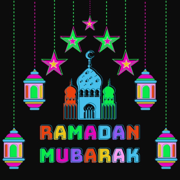 Diseño de Ramadan Kareem con adornos multicolores, linternas, estrellas lunares y mezquita