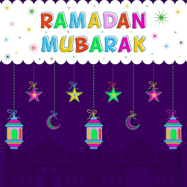 Diseño de ramadan kareem con adornos multicolores, linternas, luna y estrellas.