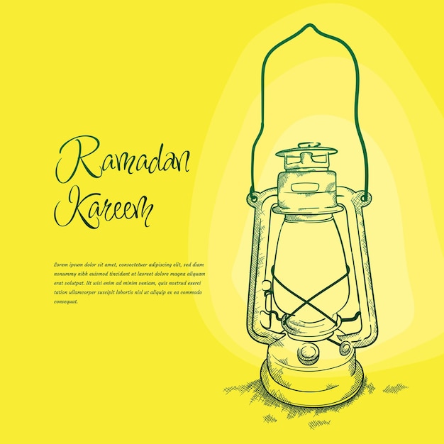 Diseño de ramadan kareem con diseño de farol clásico en diseño dibujado a mano y fondo amarillo