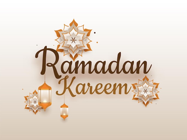 Diseño de Ramadan Kareem con farol y patrón de mandala en patrón degradado blanco y dorado