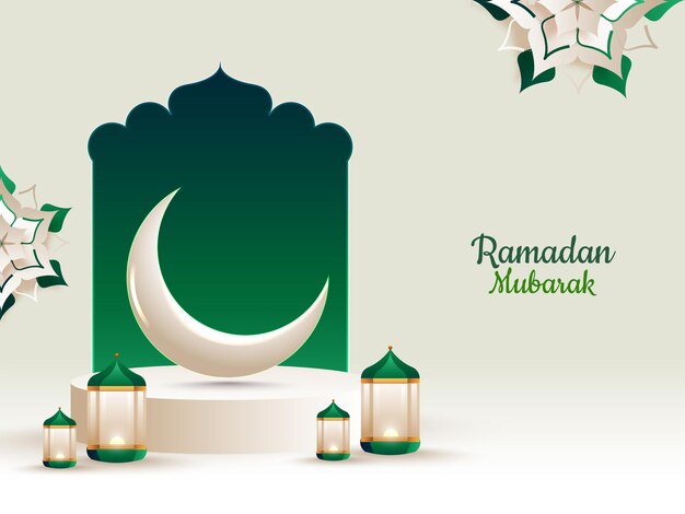 Diseño de Ramadan Kareem con linterna y media luna con patrón de mandala