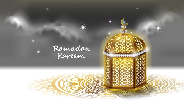 Diseño de ramadán kareem con mezquita y tarjeta de felicitación de luz de luna