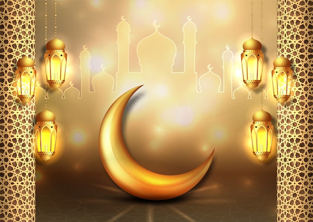 Diseño de Ramadán Kareem. Oro colgando linternas de Ramadán.
