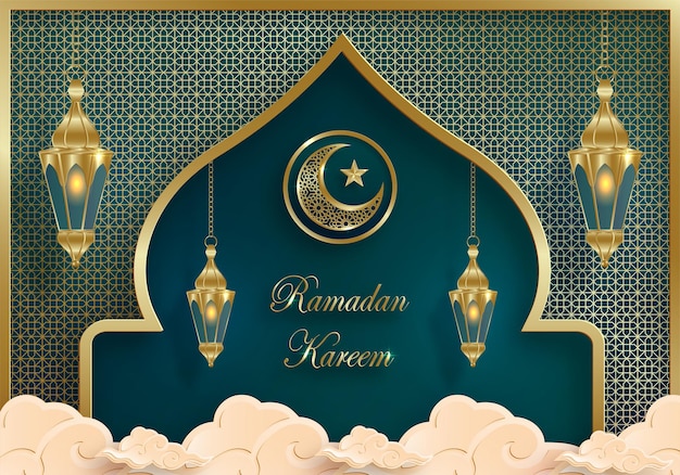 Diseño de Ramadan Kareem sobre fondo islámico con motivos dorados sobre fondo de color de papel (traducción: Ramadan Kareem)