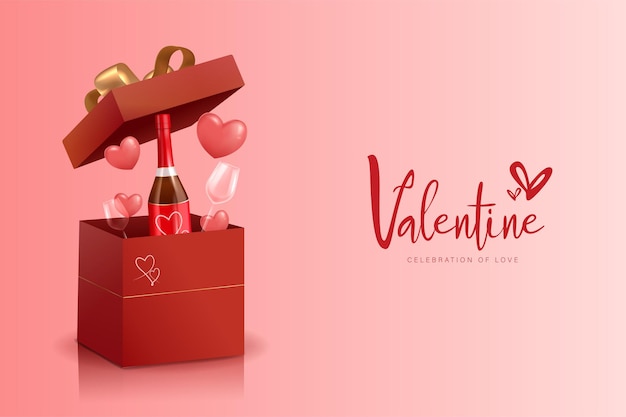 Diseño realista en 3D del día de San Valentín con una botella roja realista de ilustración vectorial de champán