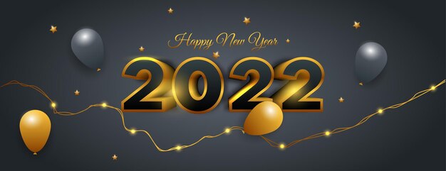 Diseño realista de banner o cartel de feliz año nuevo 2022 con color negro y dorado