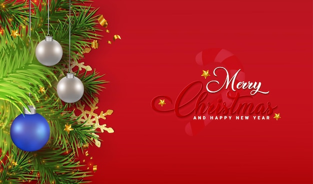 Diseño realista del cartel del festival de invierno de Feliz Navidad con efecto de luz de bola del árbol de Navidad