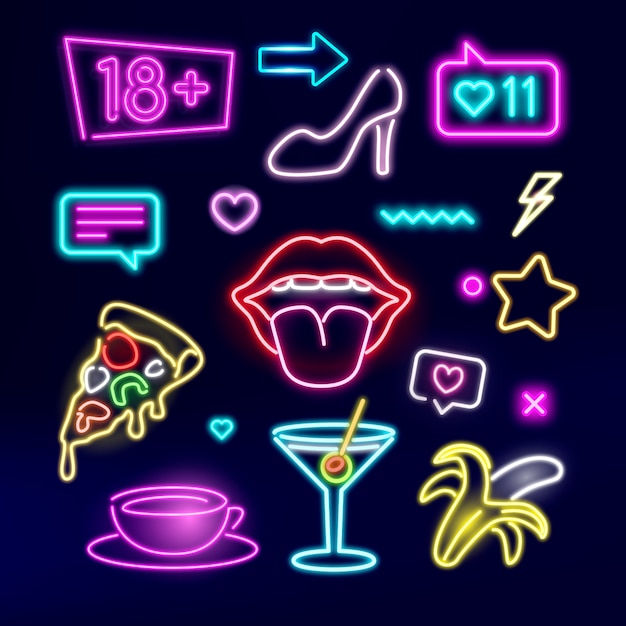 Diseño realista del conjunto de pegatinas de neón