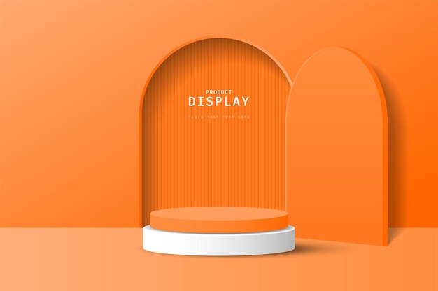 Diseño realista de pedestal de cilindro 3D naranja y blanco con forma de puerta de arco vertical