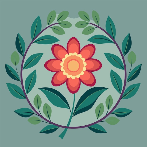 un diseño redondo con una flor y hojas en él