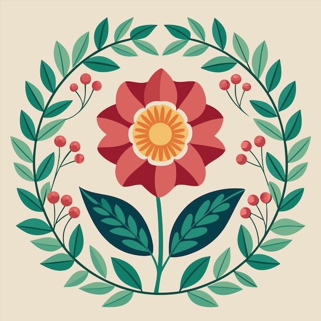 un diseño redondo con una flor y hojas en él