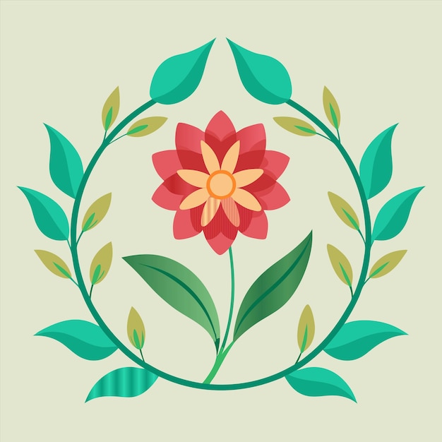 un diseño redondo con una flor roja y hojas verdes