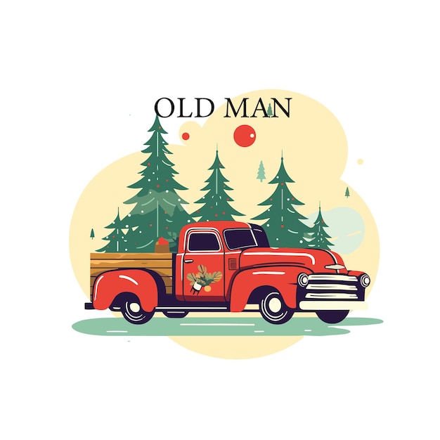 diseño de regalo de camiseta para navidad camión rojo vintage en bosque de pinos
