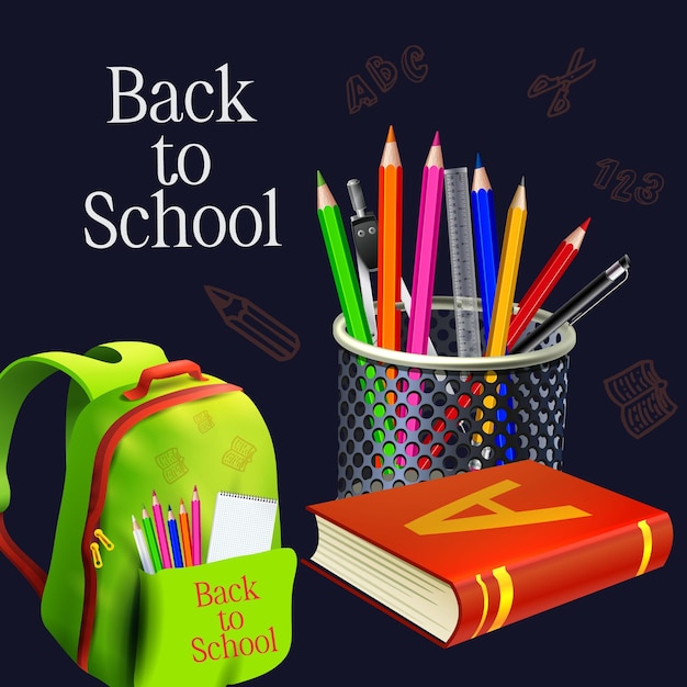 Diseño de regreso a la escuela con coloridos lápices, despertador, útiles escolares y otros artículos de aprendizaje