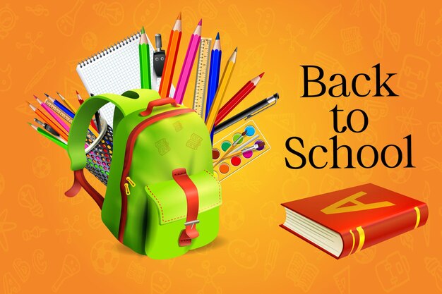 Diseño de regreso a la escuela con coloridos lápices, despertador, útiles escolares y otros artículos de aprendizaje