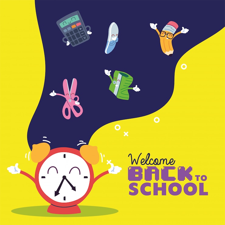Vector diseño de reloj y conjunto de iconos de dibujos animados, lección de clase de educación de regreso a la escuela