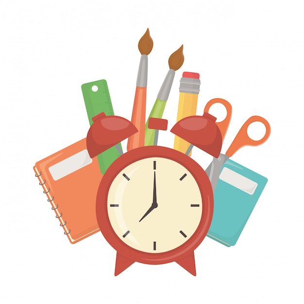 Diseño de reloj y útiles escolares.