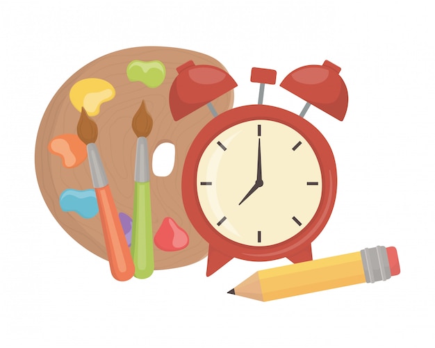 Diseño de reloj y útiles escolares.