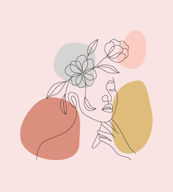 Vector diseño de retrato de mujer hermosa y flor femenina en estilo de arte lineal