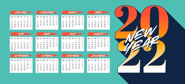 Diseño retro del calendario 2022. Gráfico de vector Eps10.