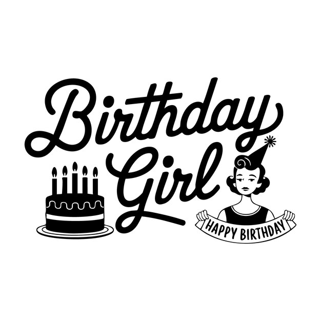 Diseño retro de chica de cumpleaños con pastel de aniversario con velas y una mujer de estilo vintage